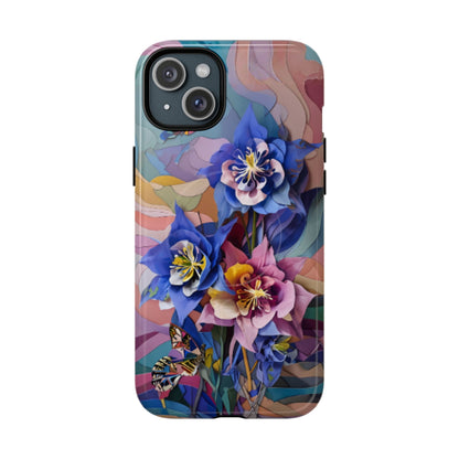Blue Columbine Carnivale floral iPhone 15 Plus MagSafe case featuring vibrant blue columbine flowers with colorful abstract botanical background.