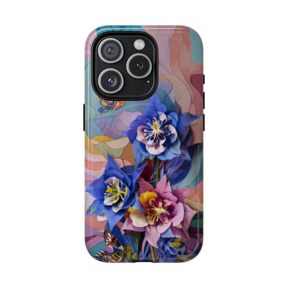 Blue Columbine Carnivale floral iPhone 15 Pro MagSafe case featuring vibrant blue columbine flowers with colorful abstract botanical background.