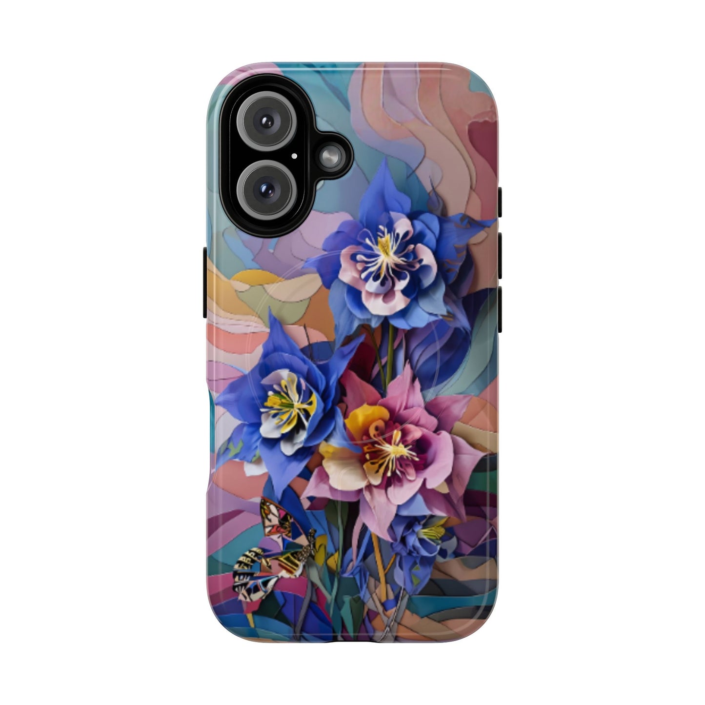 Blue Columbine Carnivale floral iPhone 16 MagSafe case featuring vibrant blue columbine flowers with colorful abstract botanical background.