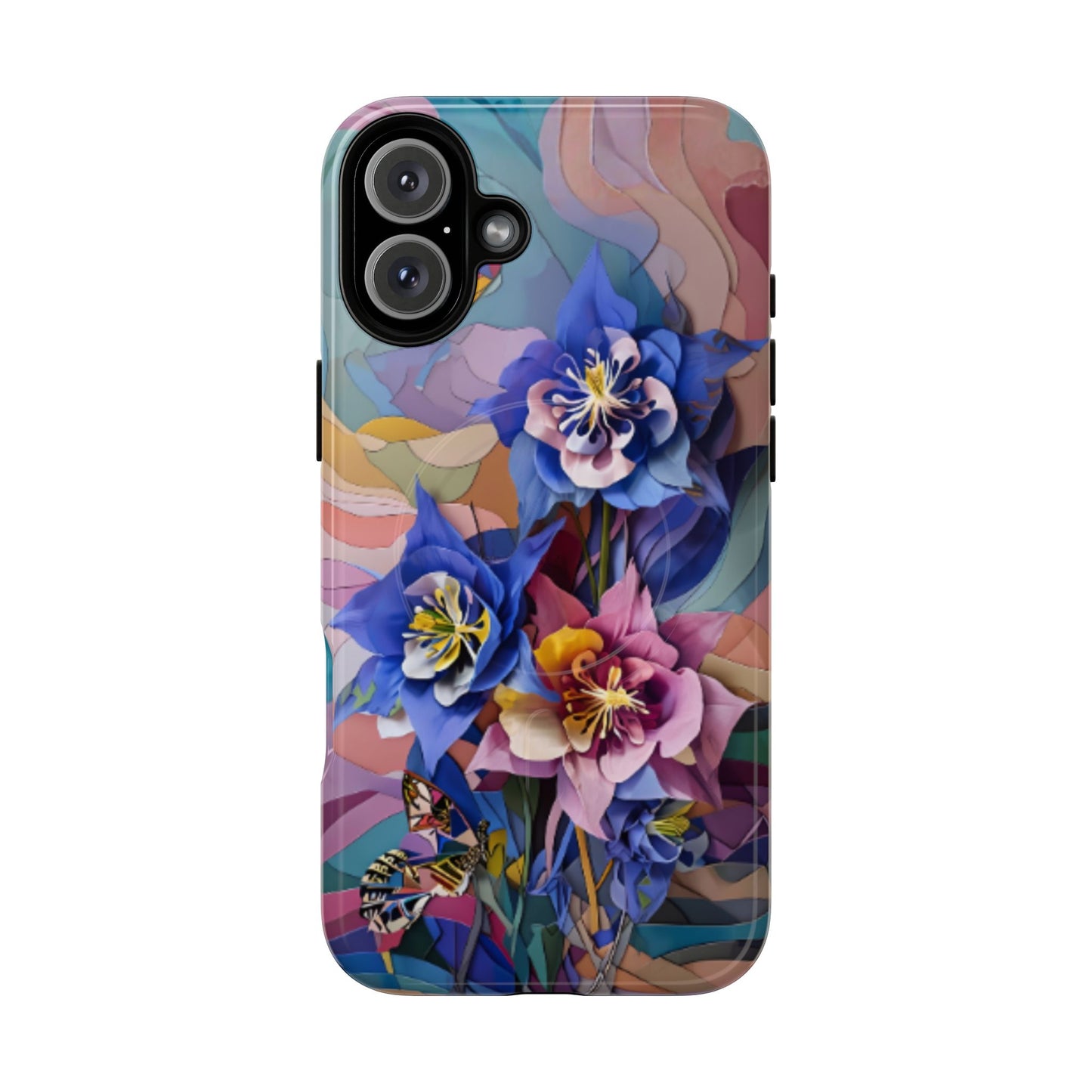 Blue Columbine Carnivale floral iPhone 16 Plus MagSafe case featuring vibrant blue columbine flowers with colorful abstract botanical background.