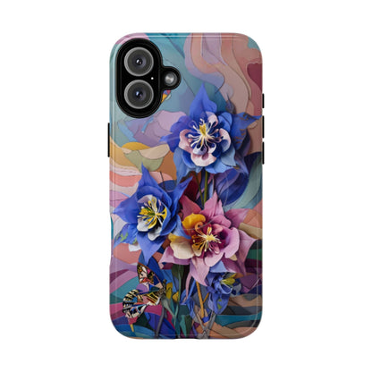 Blue Columbine Carnivale floral iPhone 16 Plus MagSafe case featuring vibrant blue columbine flowers with colorful abstract botanical background.