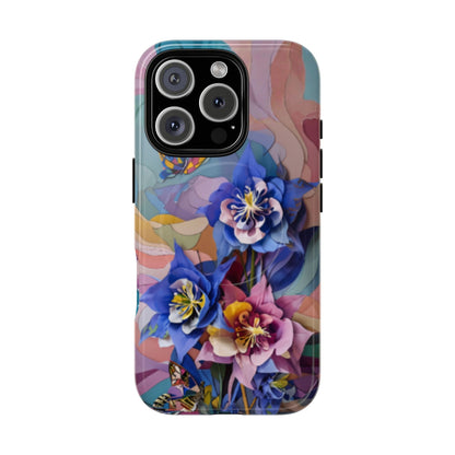 Blue Columbine Carnivale floral iPhone 16 Pro MagSafe case featuring vibrant blue columbine flowers with colorful abstract botanical background.