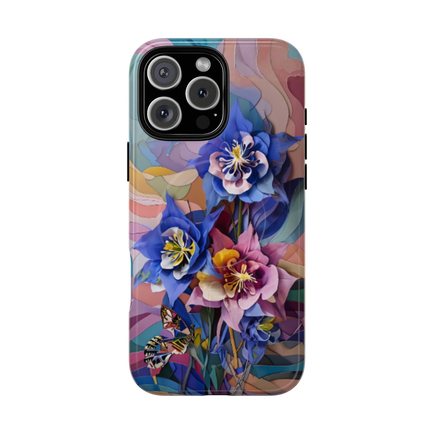 Blue Columbine Carnivale floral iPhone 16 Pro Max MagSafe case featuring vibrant blue columbine flowers with colorful abstract botanical background.