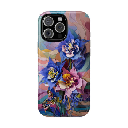 Blue Columbine Carnivale floral iPhone 16 Pro Max MagSafe case featuring vibrant blue columbine flowers with colorful abstract botanical background.