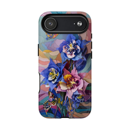 Blue Columbine Carnivale floral iPhone 17 Air MagSafe case featuring vibrant blue columbine flowers with colorful abstract botanical background.