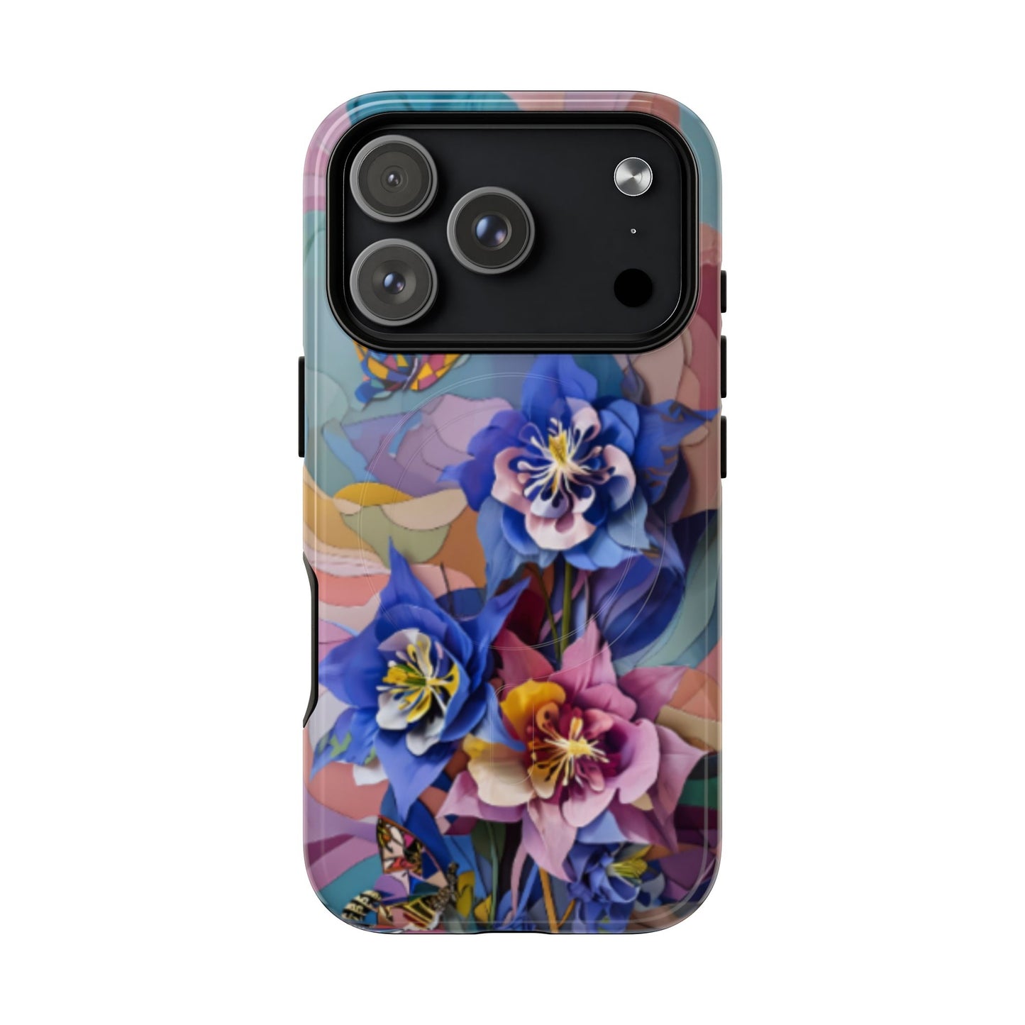 Blue Columbine Carnivale floral iPhone 17 Pro MagSafe case featuring vibrant blue columbine flowers with colorful abstract botanical background.