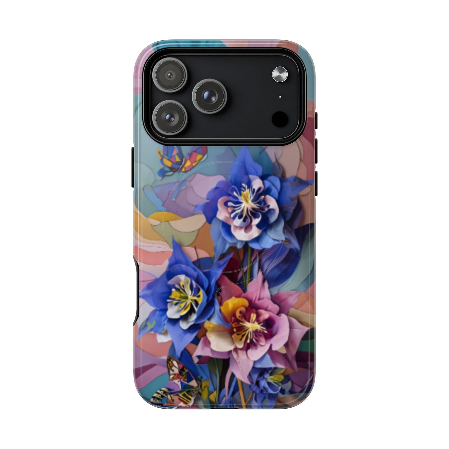 Blue Columbine Carnivale floral iPhone 17 Pro Max MagSafe case featuring vibrant blue columbine flowers with colorful abstract botanical background.