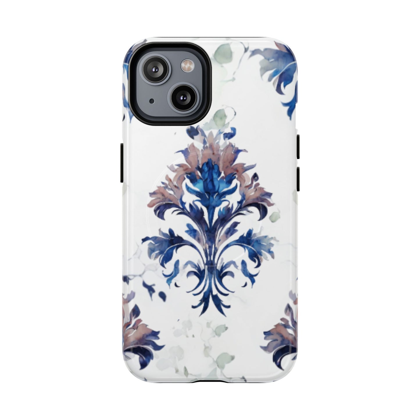 Blue floral iPhone 14 MagSafe case featuring the Delft Reverie botanical design with elegant, blue and soft neutral floral artwork