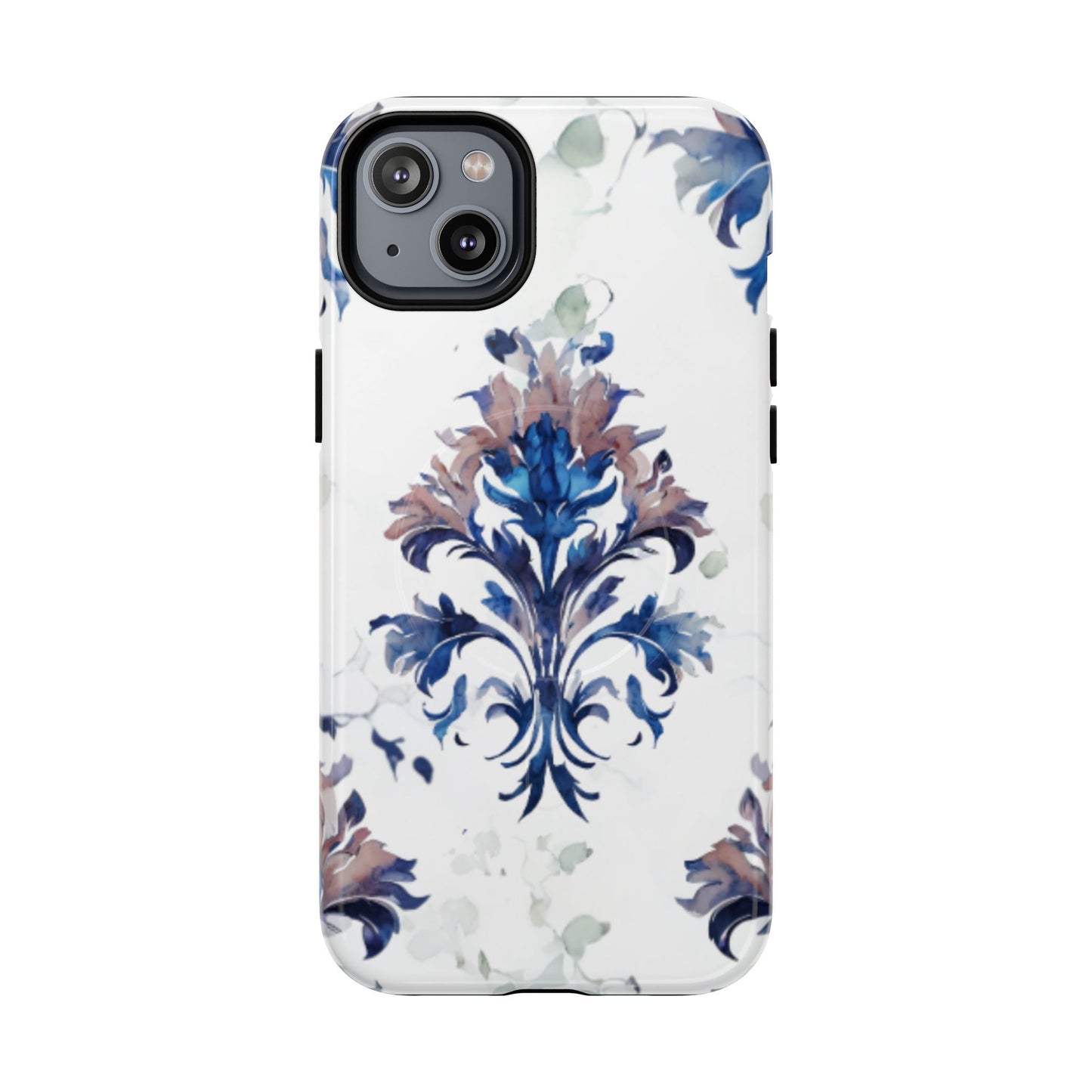 Blue floral iPhone 14 Plus MagSafe case featuring the Delft Reverie botanical design with elegant, blue and soft neutral floral artwork