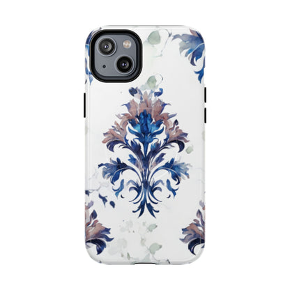 Blue floral iPhone 14 Plus MagSafe case featuring the Delft Reverie botanical design with elegant, blue and soft neutral floral artwork