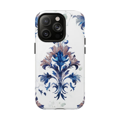 Blue floral iPhone 14 Pro MagSafe case featuring the Delft Reverie botanical design with elegant, blue and soft neutral floral artwork