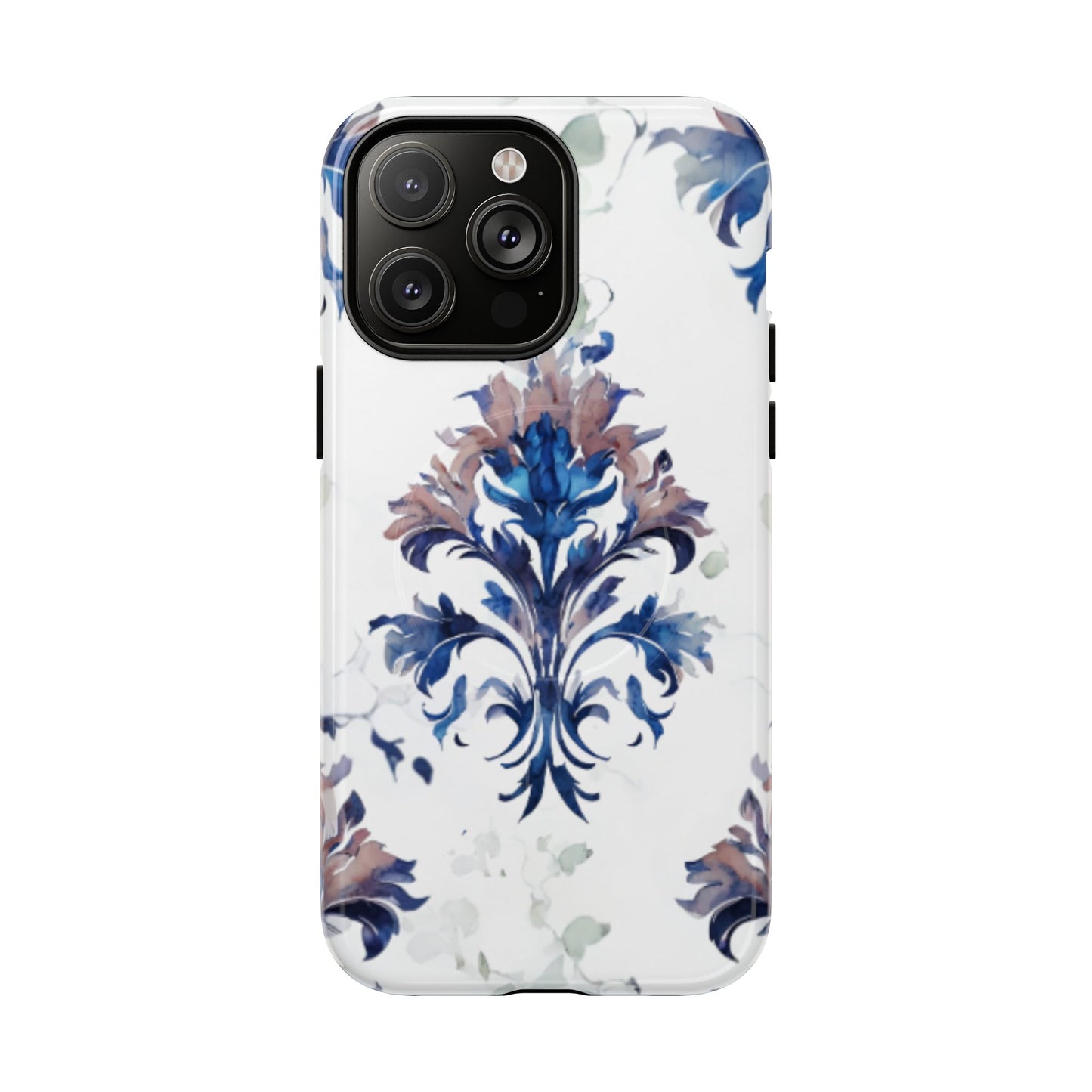 Blue floral iPhone 14 Pro Msx MagSafe case featuring the Delft Reverie botanical design with elegant, blue and soft neutral floral artwork