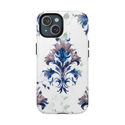Blue floral iPhone 15 MagSafe case featuring the Delft Reverie botanical design with elegant, blue and soft neutral floral artwork