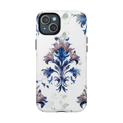 Blue floral iPhone 15 Plus MagSafe case featuring the Delft Reverie botanical design with elegant, blue and soft neutral floral artwork