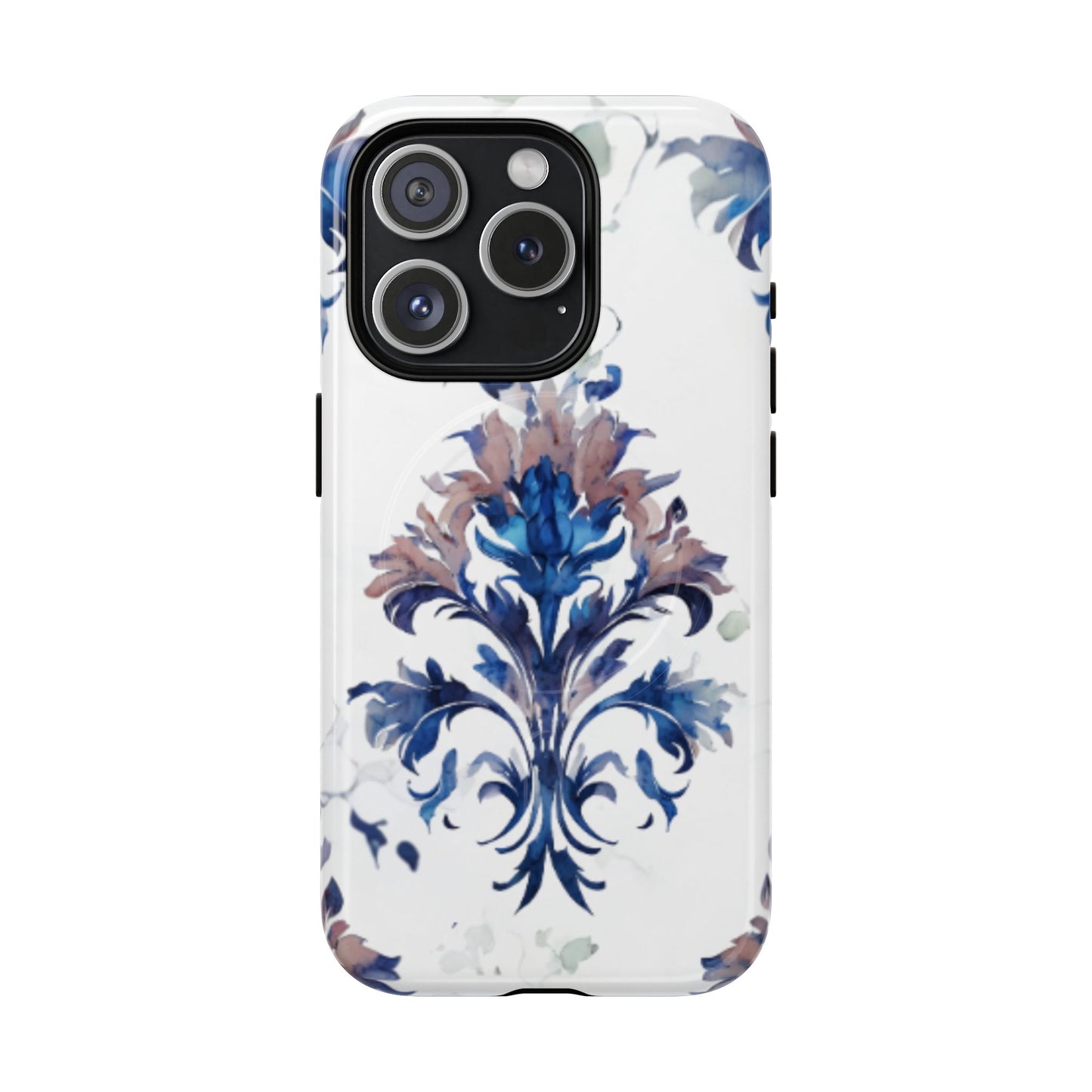 Blue floral iPhone 15 Pro MagSafe case featuring the Delft Reverie botanical design with elegant, blue and soft neutral floral artwork