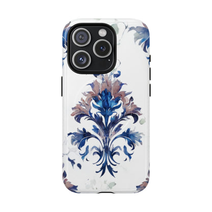 Blue floral iPhone 15 Pro MagSafe case featuring the Delft Reverie botanical design with elegant, blue and soft neutral floral artwork