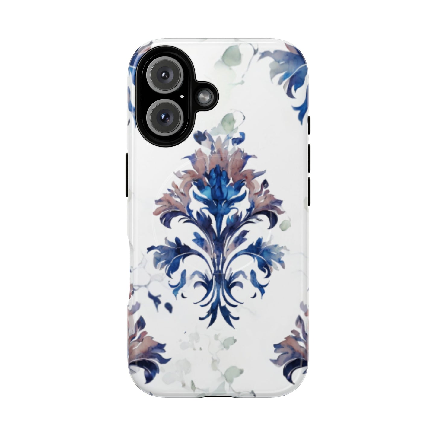 Blue floral iPhone 16 MagSafe case featuring the Delft Reverie botanical design with elegant, blue and soft neutral floral artwork