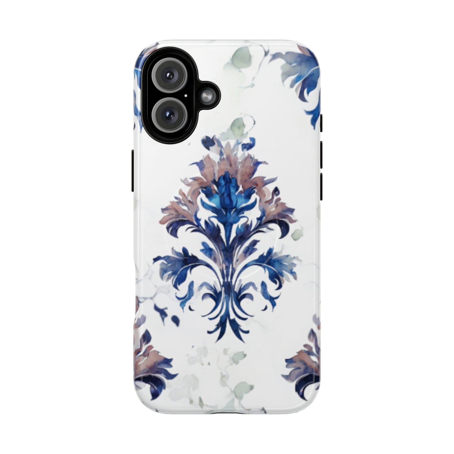 Blue floral iPhone 16 Plus MagSafe case featuring the Delft Reverie botanical design with elegant, blue and soft neutral floral artwork