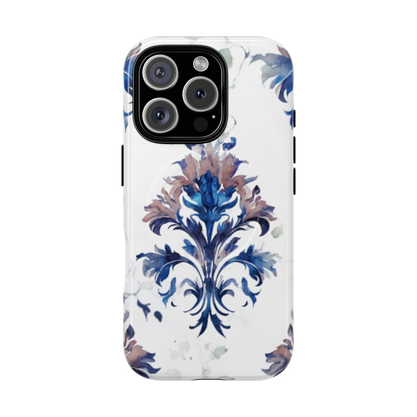 Blue floral iPhone 16 Pro MagSafe case featuring the Delft Reverie botanical design with elegant, blue and soft neutral floral artwork