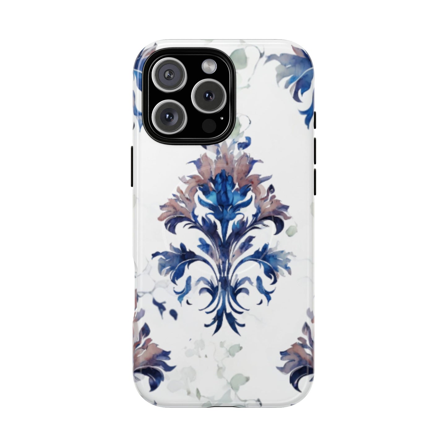 Blue floral iPhone 16 Pro Max MagSafe case featuring the Delft Reverie botanical design with elegant, blue and soft neutral floral artwork