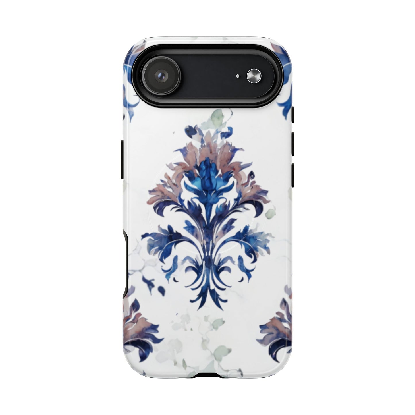 Blue floral iPhone 17 Air MagSafe case featuring the Delft Reverie botanical design with elegant, blue and soft neutral floral artwork
