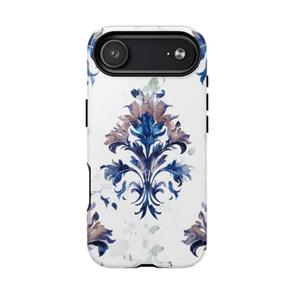 Blue floral iPhone 17 Air MagSafe case featuring the Delft Reverie botanical design with elegant, blue and soft neutral floral artwork