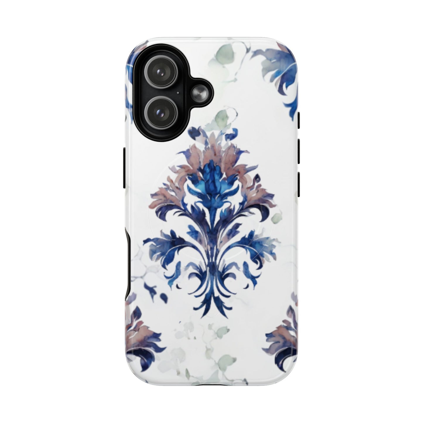 Blue floral iPhone 17 MagSafe case featuring the Delft Reverie botanical design with elegant, blue and soft neutral floral artwork