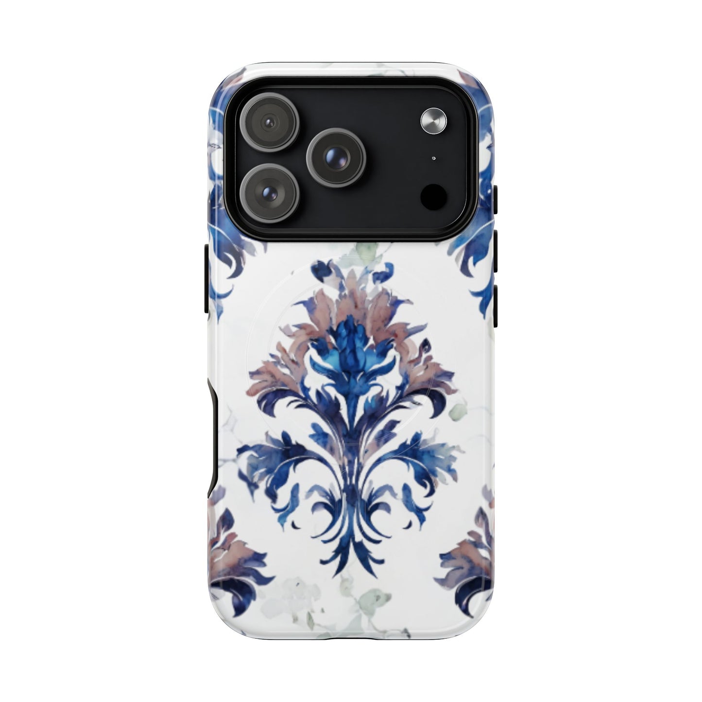 Blue floral iPhone 17 Pro MagSafe case featuring the Delft Reverie botanical design with elegant, blue and soft neutral floral artwork