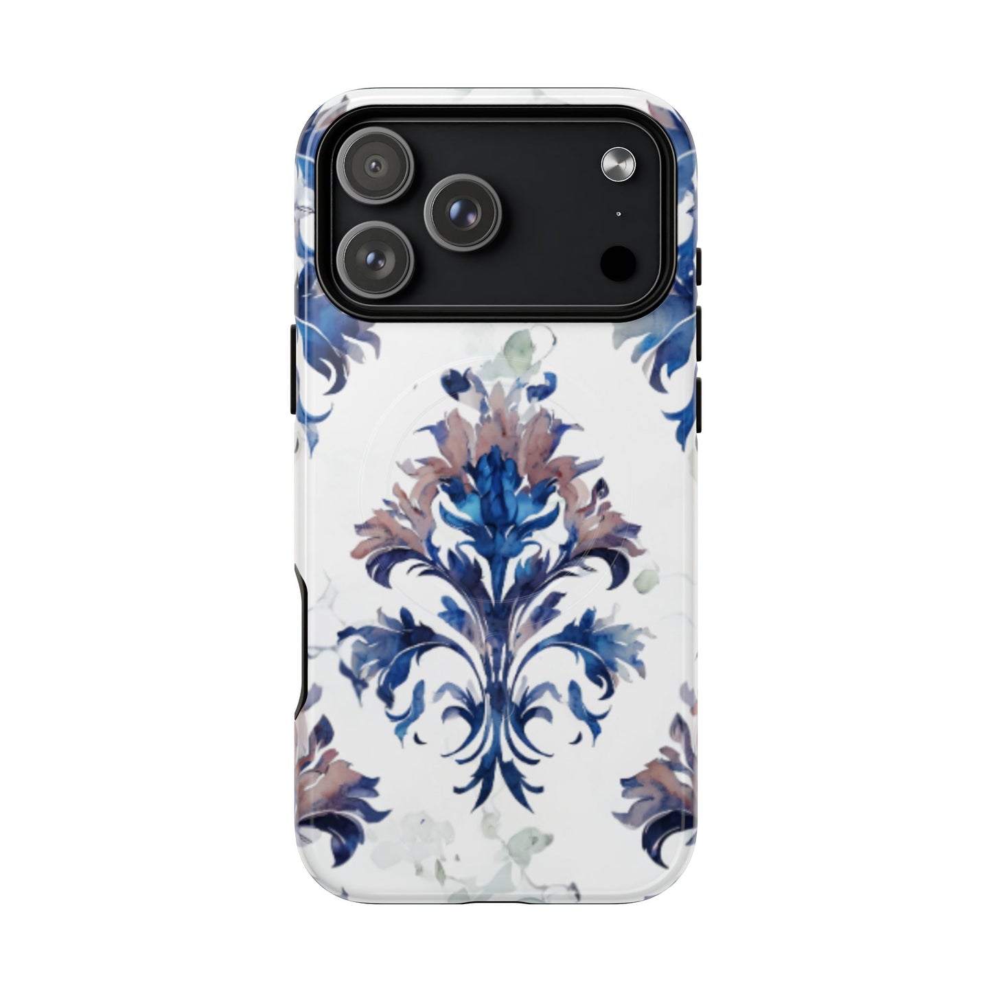 Blue floral iPhone 17 Pro Max MagSafe case featuring the Delft Reverie botanical design with elegant, blue and soft neutral floral artwork
