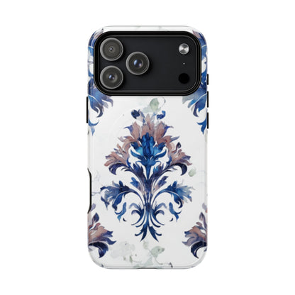 Blue floral iPhone 17 Pro Max MagSafe case featuring the Delft Reverie botanical design with elegant, blue and soft neutral floral artwork