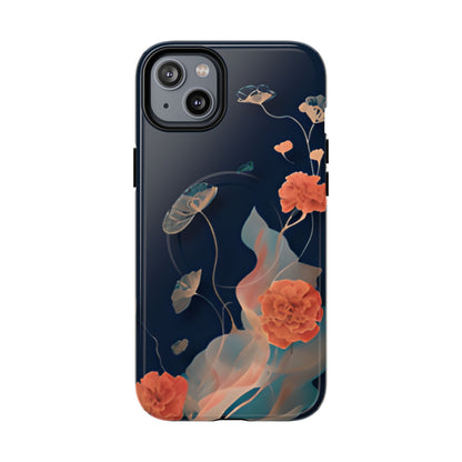 Lotus Reverie lotus flower iPhone 14 Plus MagSafe case featuring delicate floating lotus blossoms and soft flowing botanical elements on a deep blue background.