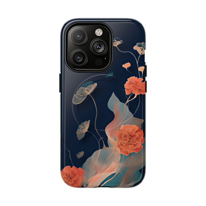 Lotus Reverie lotus flower iPhone 14 Pro MagSafe case featuring delicate floating lotus blossoms and soft flowing botanical elements on a deep blue background.