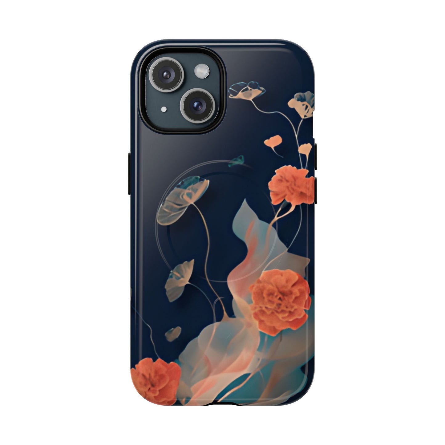 Lotus Reverie lotus flower iPhone 15 MagSafe case featuring delicate floating lotus blossoms and soft flowing botanical elements on a deep blue background.