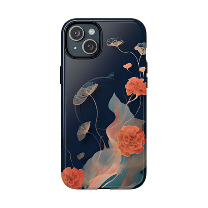 Lotus Reverie lotus flower iPhone 15 Plus MagSafe case featuring delicate floating lotus blossoms and soft flowing botanical elements on a deep blue background.