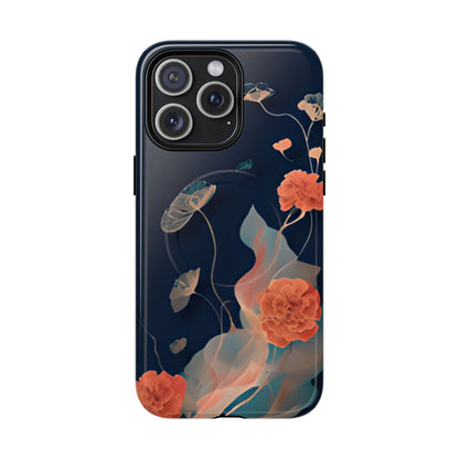 Lotus Reverie lotus flower iPhone 15 Pro Max MagSafe case featuring delicate floating lotus blossoms and soft flowing botanical elements on a deep blue background.