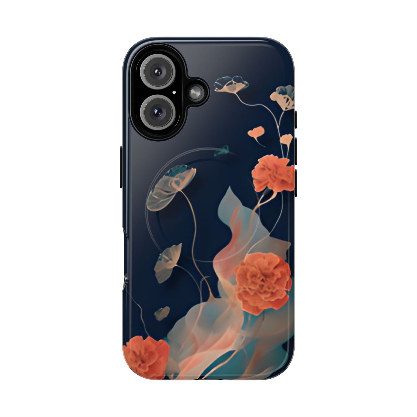 Lotus Reverie lotus flower iPhone 16 MagSafe case featuring delicate floating lotus blossoms and soft flowing botanical elements on a deep blue background.