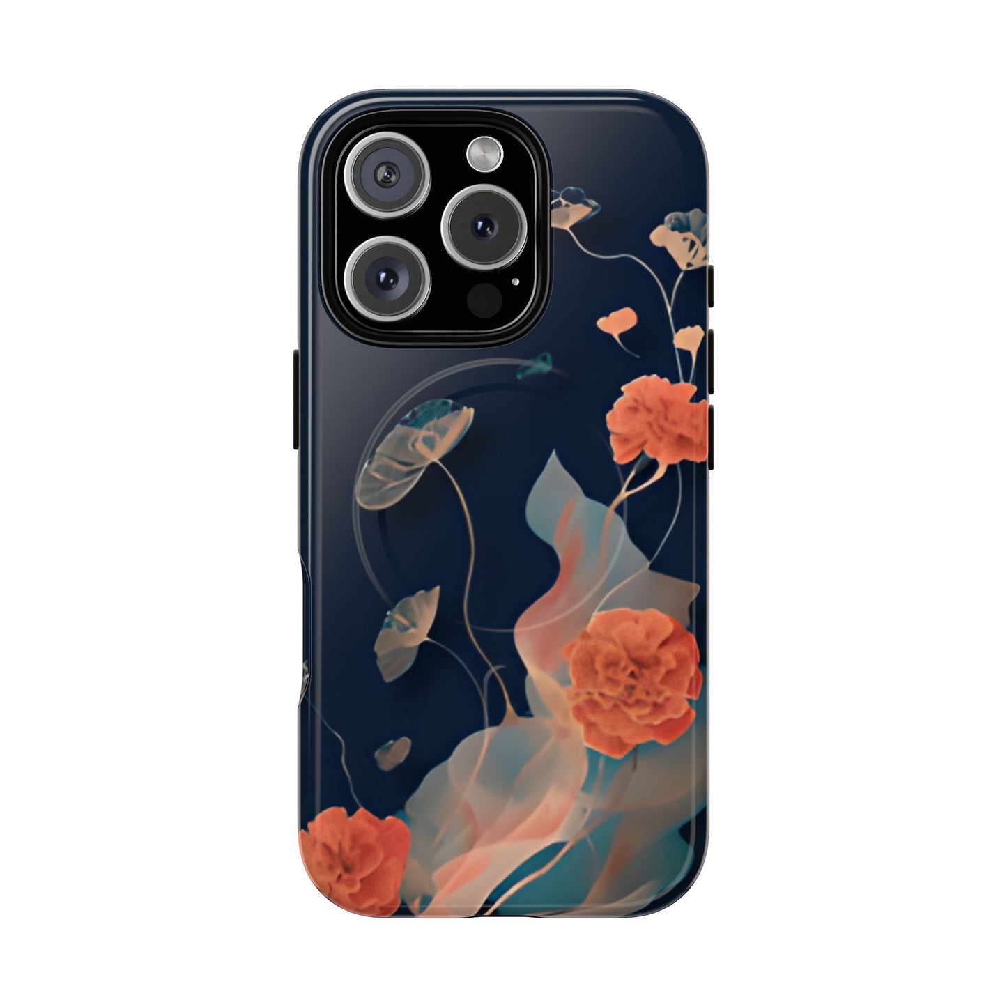 Lotus Reverie lotus flower iPhone 16 Pro MagSafe case featuring delicate floating lotus blossoms and soft flowing botanical elements on a deep blue background.
