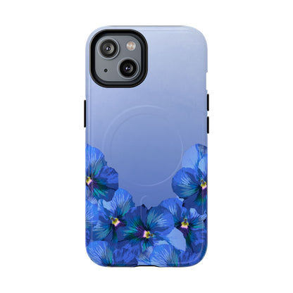 Blue Pansy Floral Gradient iPhone 14 MagSafe Phone Case front view.