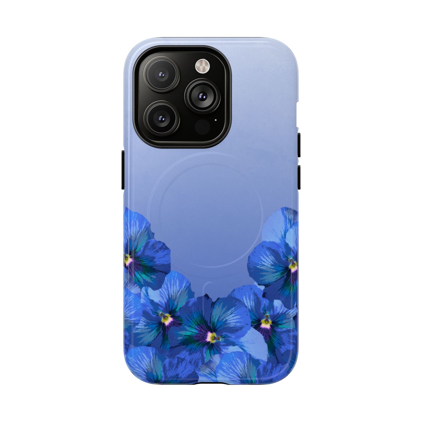 Blue Pansy Floral Gradient iPhone 14 Pro MagSafe Phone Case front view.