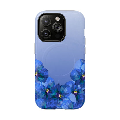 Blue Pansy Floral Gradient iPhone 14 Pro MagSafe Phone Case front view.