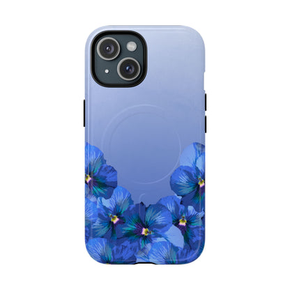 Blue Pansy Floral Gradient iPhone 15 MagSafe Phone Case front view.