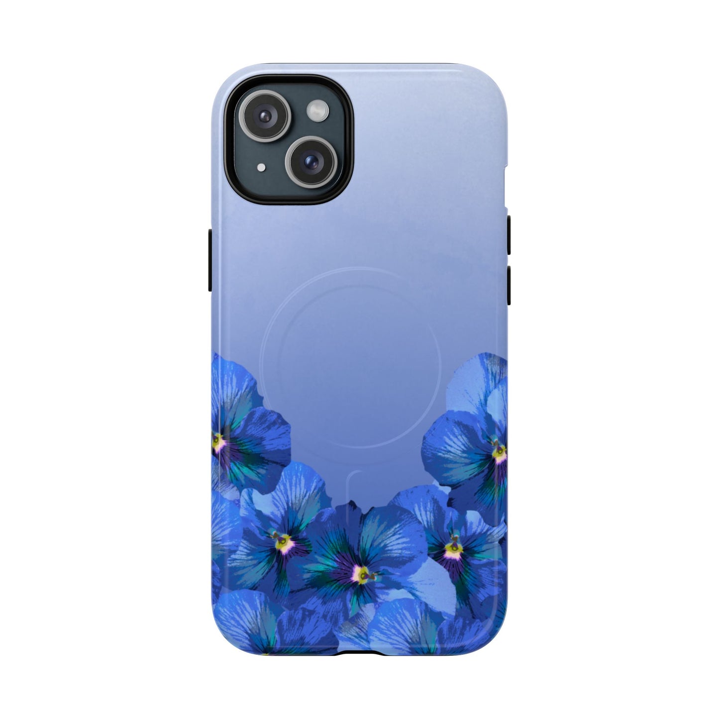 Blue Pansy Floral Gradient iPhone 15 Plus MagSafe Phone Case front view.