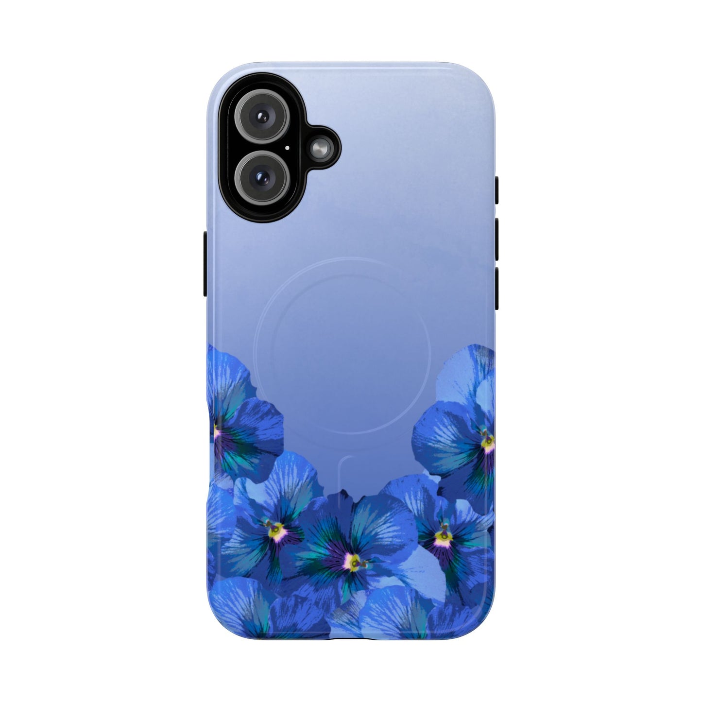 Blue Pansy Floral Gradient iPhone 16 Plus MagSafe Phone Case front view.