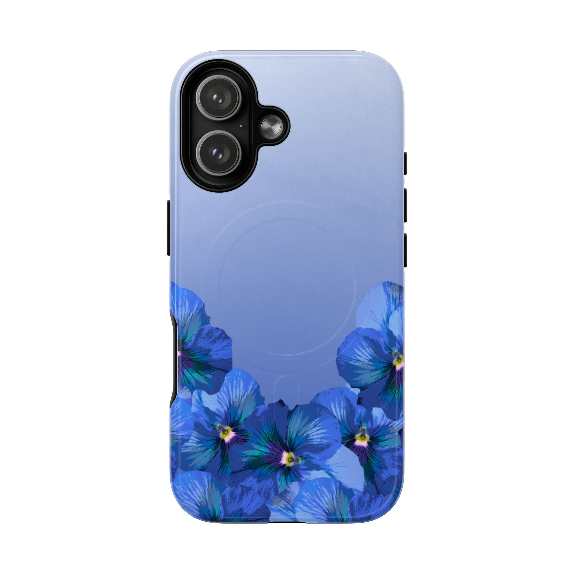 Blue Pansy Floral Gradient iPhone 17 MagSafe Phone Case front view.