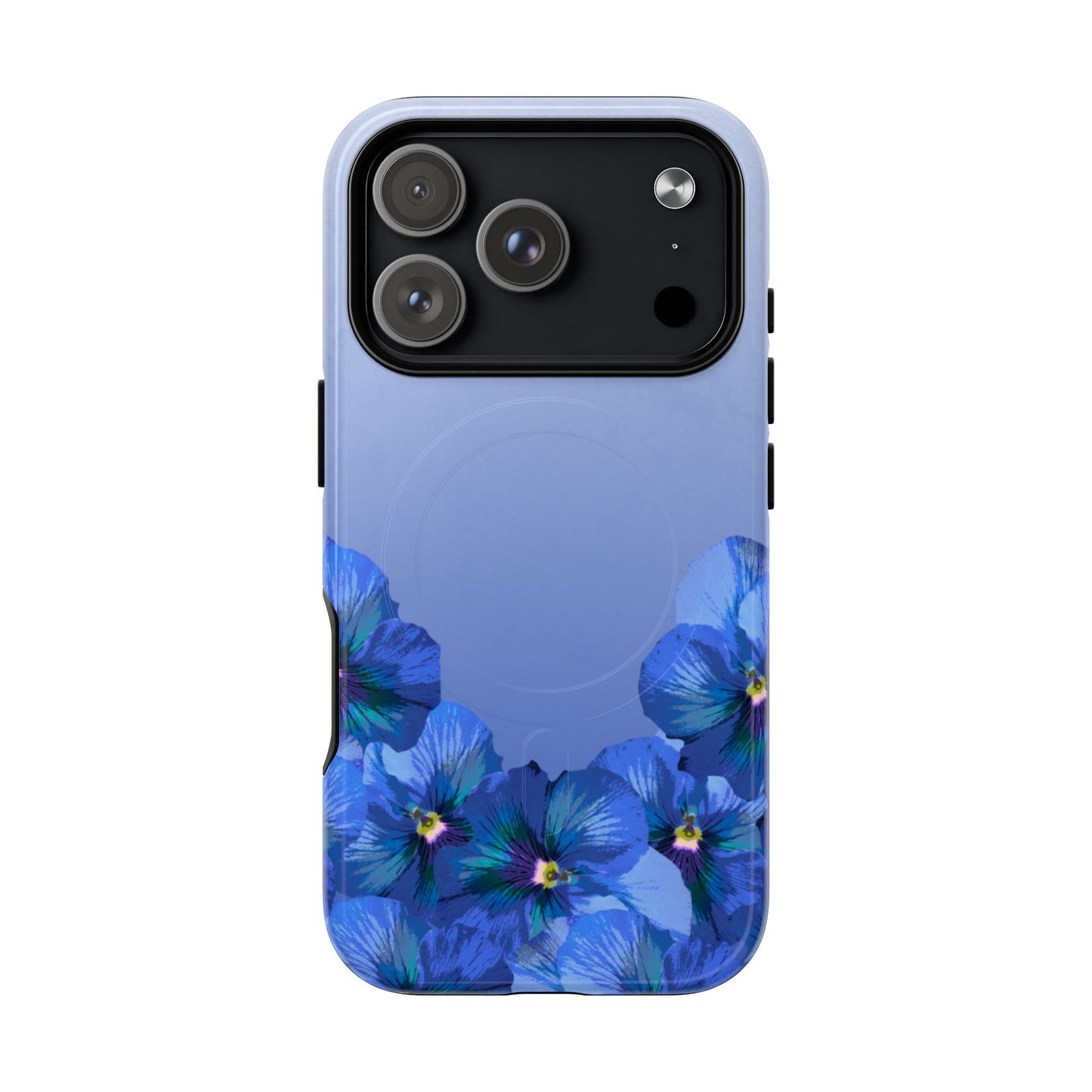 Blue Pansy Floral Gradient iPhone 17 Pro MagSafe Phone Case front view.