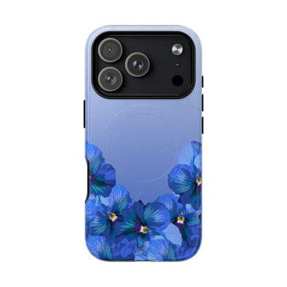Blue Pansy Floral Gradient iPhone 17 Pro MagSafe Phone Case front view.