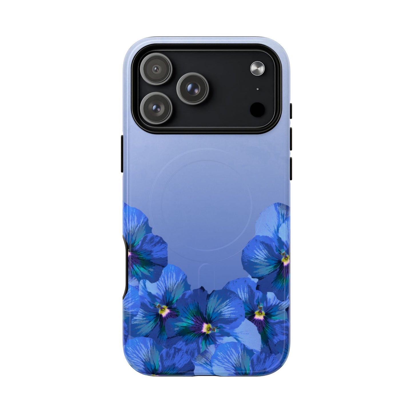 Blue Pansy Floral Gradient iPhone 17 Pro Max MagSafe Phone Case front view.