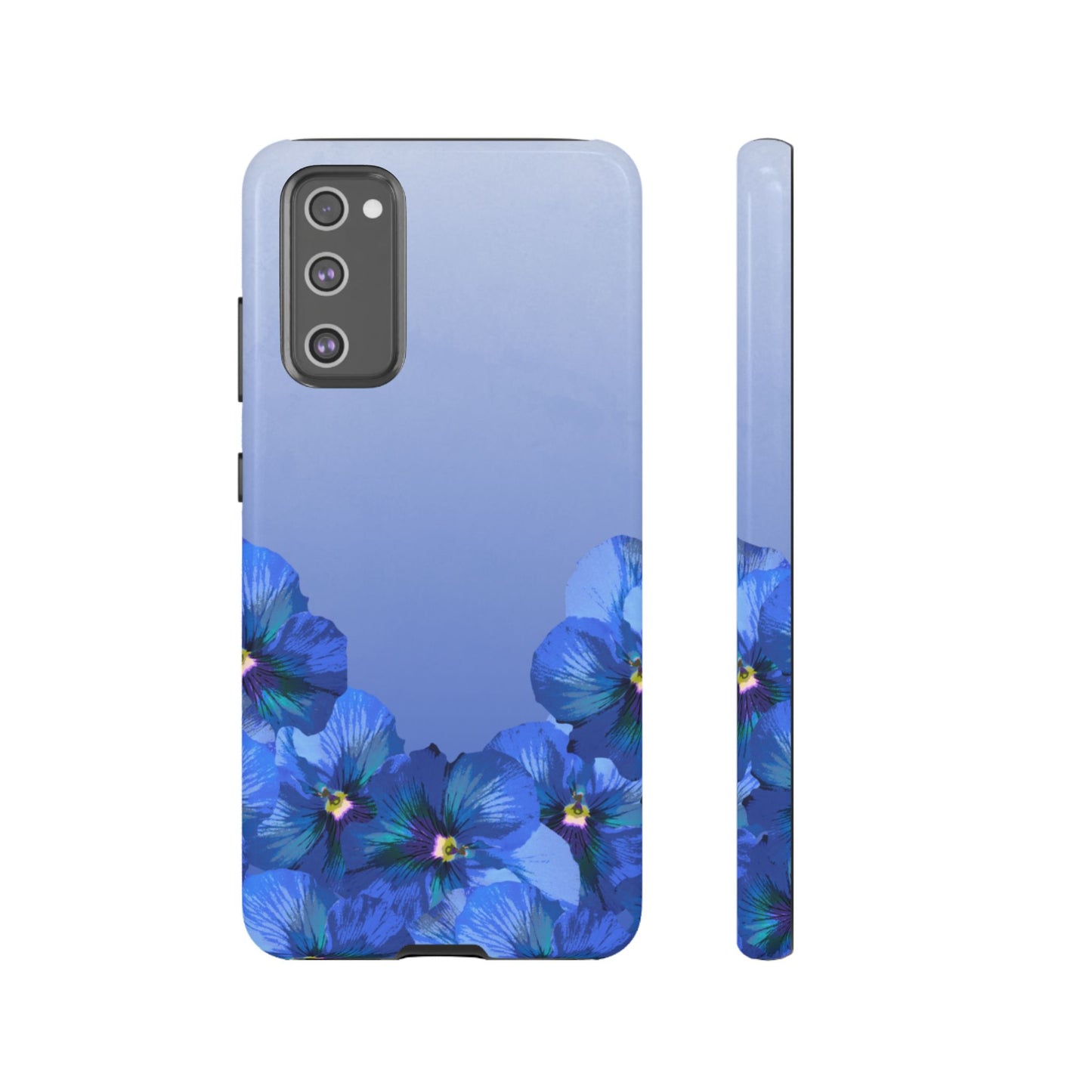 Blue pansy floral gradient Samsung Galaxy S20 FE phone case shown in front and side view with botanical pansy flower design