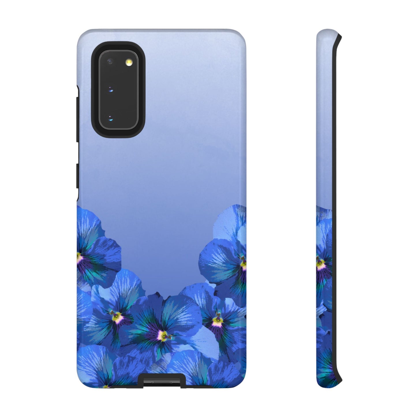 Blue pansy floral gradient Samsung Galaxy S20 phone case shown in front and side view with botanical pansy flower design