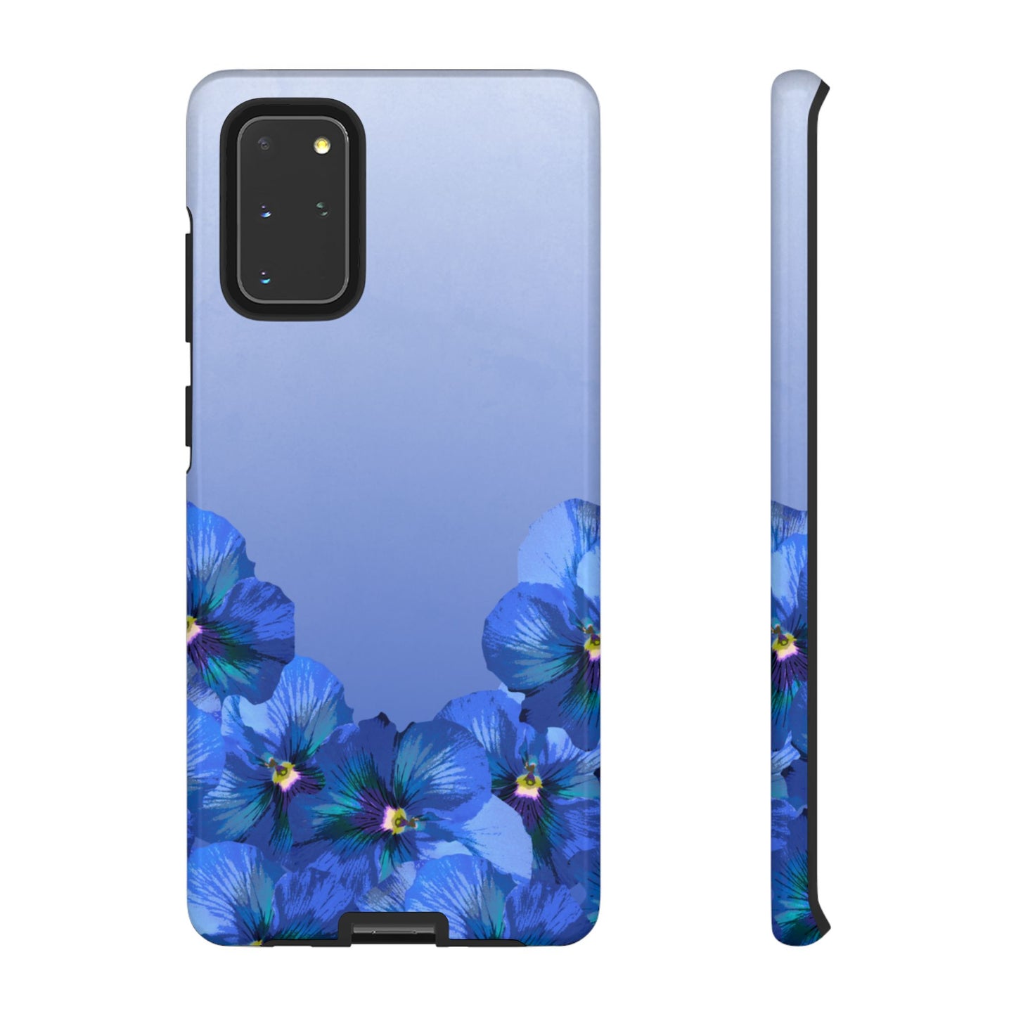 Blue pansy floral gradient Samsung Galaxy S20 Plus phone case shown in front and side view with botanical pansy flower design